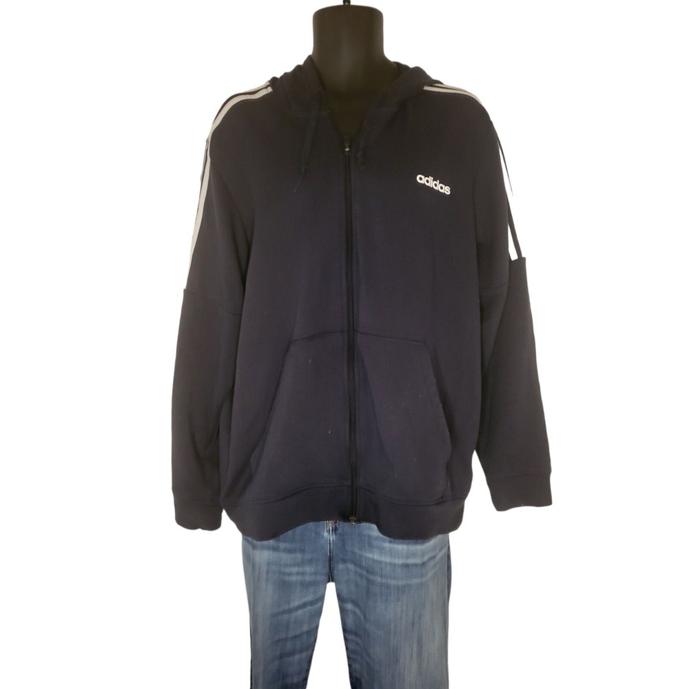 Adidas Mens XL Black 3 Stripes Full Zip Fleece Hoodie Sweatshirt Jacket XL